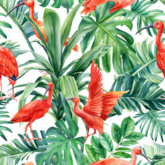 Tropical palm leaves and ibis birds on an isolated background. Watercolor illustration, seamless pattern