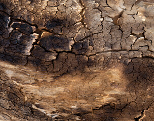 Close up of the wood in a decaying tree creates interesting patterns with multiple brown tones.   
