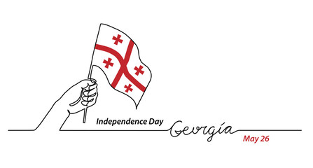 Georgia flag with hand. Independence day vector banner, background, poster. One continuous line drawing illustration with lettering Georgia