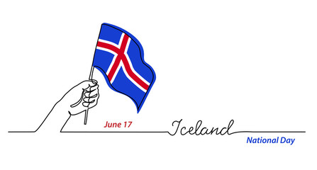 Iceland flag with hand. Independence day vector banner, background, poster. One continuous line drawing illustration with lettering Iceland