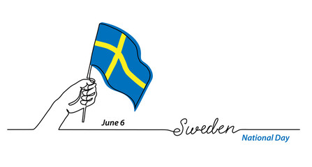 Sweden flag with hand. Independence day vector banner, background, poster. One continuous line drawing illustration with lettering Sweden
