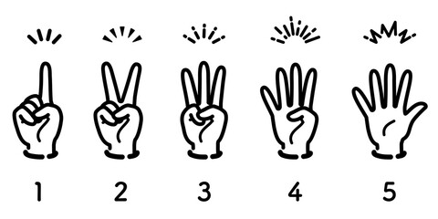 Icon set of hand gestures for number (monochrome)