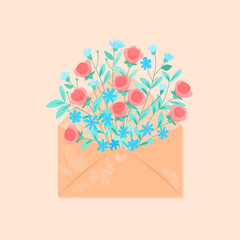 Open envelope with a bouquet of flowers. Vector greeting card on a beige background in flat style. The concept of love and mail greetings.