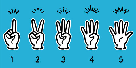 Icon set of hand gestures for number (with white border)