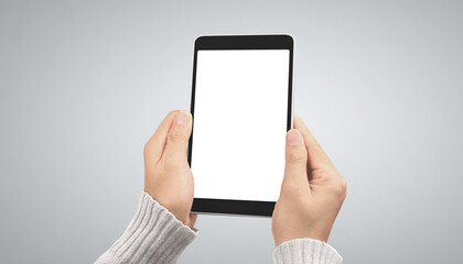 Hands holding tablet touch computer gadget