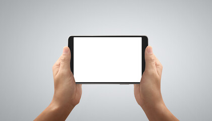 Hands holding tablet touch computer gadget