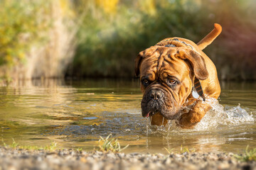 Big dog French Mastiff. Playing and swimming