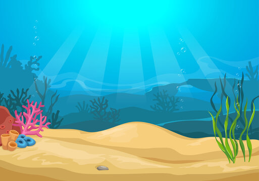Vector cartoon colorful underwater landscape with sea plants and corals