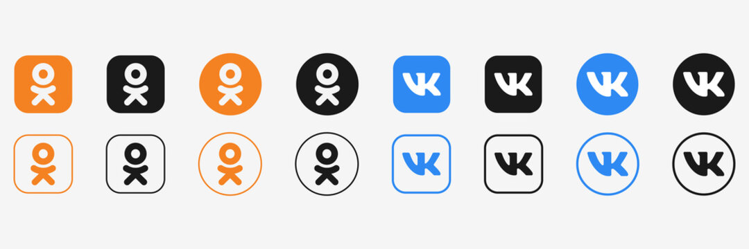 Vkontakte and odnoklassniki set. VK icons collection. Odnoklassniki vector. Square and round social media icons. Editorial vector. Rivne, Ukraine - April 22, 2021