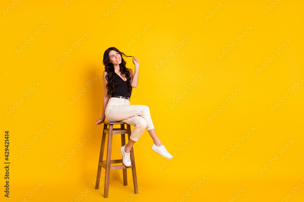 Poster full length profile side photo of young dreamy girl coquettish flirty look empty space isolated over