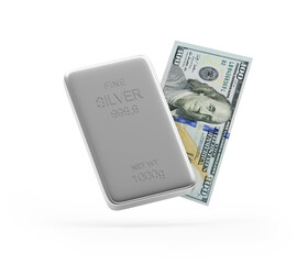Dollar banknote and silver bar isolated on white background. 3D illustration 