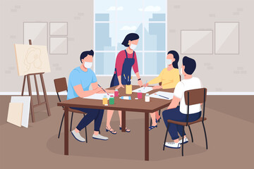 Art class during pandemic flat color vector illustration. Safe pastime. Workshop on creative hobby. Teacher and adult students in face masks 2D cartoon characters with classroom on background