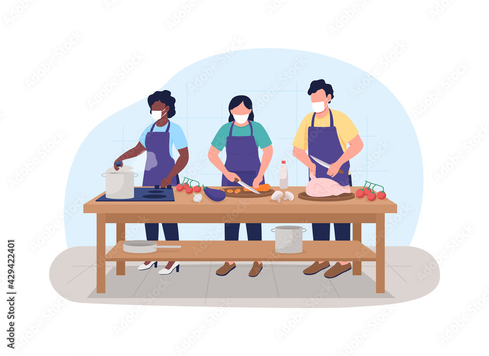 Poster cooking class during pandemic 2d vector web banner, poster. chefs in training in face masks flat cha