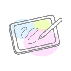 Sketch, illustration, cartoon drawing and painting. Vector gray outline graphic tablet for drawing by artist and designer. Blue, pink, yallow