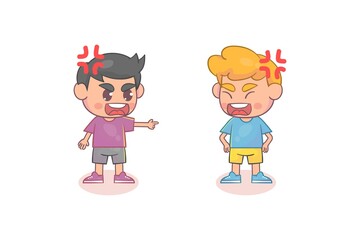 Cute little kid boy stand and show angry pose expression Premium Vector
