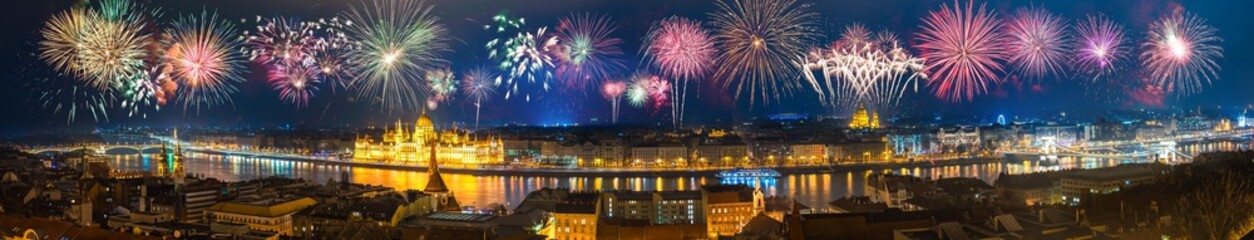 Naklejka premium Fireworks in Budapest. New year celebration. Skyline panorama of the city
