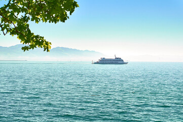 View of Lake Constance and the Alps. Floating ferry