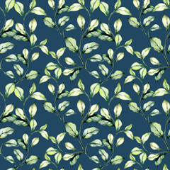 Hand drawn background with green watercolour leaves and grass. Seamless floral watercolor painted pattern