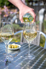 Drinking of dry white wine on open terrace in spring garden