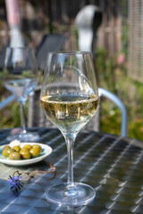 Drinking of dry white wine on open terrace in spring garden