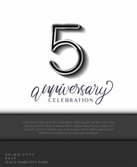 5 Years Anniversary Invitation and Greeting Card Silver Colored with Flat Design and Elegant, Isolated on white Background. Vector illustration.