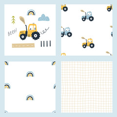 A set of seamless patterns with a cute blue and yellow tractor, rainbow and decorative elements on a white checkered background. Vector illustration for printing on fabric, packaging paper, clothing. 