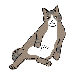おじさんのような座り方をしているハチワレの猫の全身イラスト