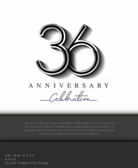 Fototapeta na wymiar 36 Years Anniversary Invitation and Greeting Card Silver Colored with Flat Design and Elegant, Isolated on white Background. Vector illustration.
