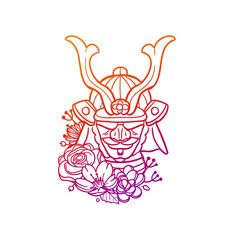 Samurai Rose Flower with Vintage Warrior Design. Ninja Floral frame ornament vector style. Decoration Design Wreath illustration.