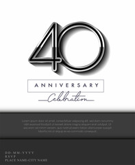 40 Years Anniversary Invitation and Greeting Card Silver Colored with Flat Design and Elegant, Isolated on white Background. Vector illustration.