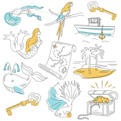 Naklejka premium Stylish bright pictures about summer, travel, exotic tourism. Cute baby linear icons about sea adventures. Set of prints for clothes. Logo for animator, kindergarten, baby goods store, food. Simple