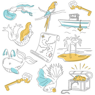 Stylish bright pictures about summer, travel, exotic tourism.
Cute baby linear icons about sea adventures. Set of prints for clothes. Logo for animator, kindergarten, baby goods store, food. Simple