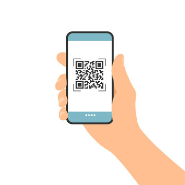 Flat design illustration of male hand holding touch screen mobile phone. QR code scan for payment or identification, vector