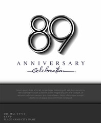 89 Years Anniversary Invitation and Greeting Card Silver Colored with Flat Design and Elegant, Isolated on white Background. Vector illustration.