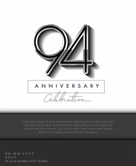 94 Years Anniversary Invitation and Greeting Card Silver Colored with Flat Design and Elegant, Isolated on white Background. Vector illustration.