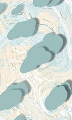 Paper cut layered cardboard clouds over liquid texture in muted sand and aqua blue. Mixed techniques. Great as backdrop or design element, poster or cover. Contemporary fluid art in cartoon style. 