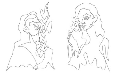 Two abstract minimal silhouette of elegant women with plants in hands or flowers. Hand drawn. Black contour on white. Natural and simple concept. Great as blank template, design element or object.