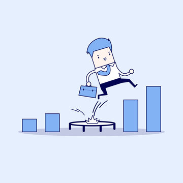 Businessman jumping from trampoline back to top of growing bar graph. Cartoon character thin line style vector.