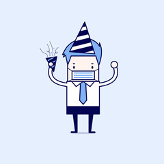 Businessman celebrate at a party by wearing a surgical mask. Cartoon character thin line style vector.