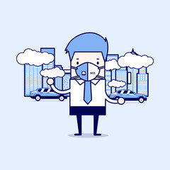 Businessman wearing protective mask before going to work. Dust mask N95 prevent PM2.5,Air pollution concepts. Cartoon character thin line style vector.
