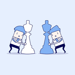 Businessmen with horse chess and fighting each other. Business competition concept. Cartoon character thin line style vector.
