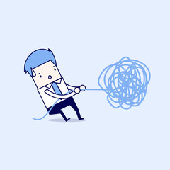 Businessman trying to unravel tangled rope or cable. Cartoon character thin line style vector.