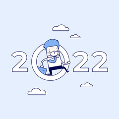 The masked businessman jump throw zero in number 2020. Cartoon character thin line style vector.