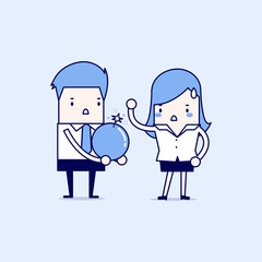 Businessman carrying a big bomb is sending it to a friend. Cartoon character thin line style vector.