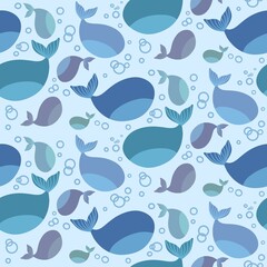 seamless pattern with blue whales and fish for children, can used as a print or background 