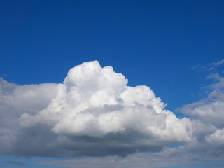 White fluffy clouds in a perfectly blue sky. In the summer. Space for text