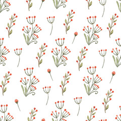 Seamless pattern with plants and berries. Hand painted watercolor illustration on white background. Great for fabrics, wrapping papers, wallpapers, covers. Red and green colors.