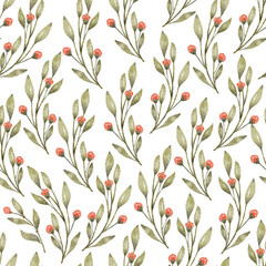 Beautiful seamless pattern with branches with green leaves and red flowers. Hand painted illustration on white background. Great for fabrics, wrapping papers, wallpapers, covers.