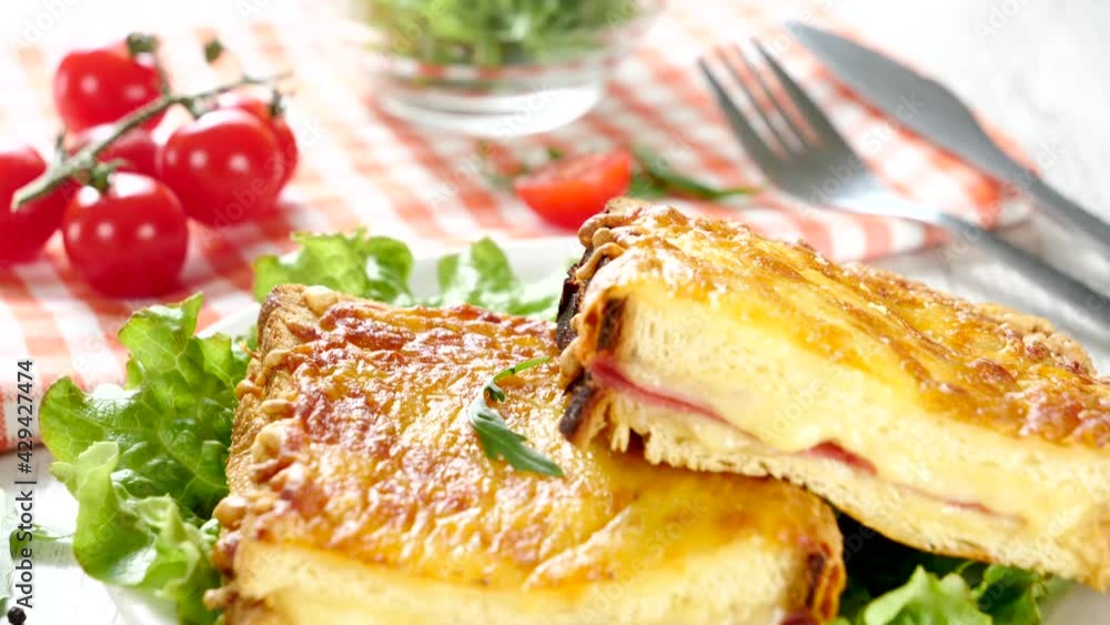 Wall mural croque-monsieur- toasted bread slice with ham and cheese - Wall murals