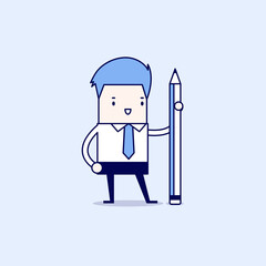 Businessman standing with pencil. Cartoon character thin line style vector.